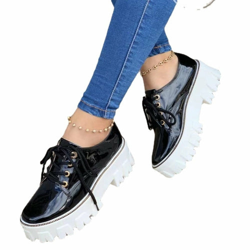 Black, red, and pink thick heel flat platform Oxford shoes for women by Coffee Jasper, featuring a stylish sneaker design.