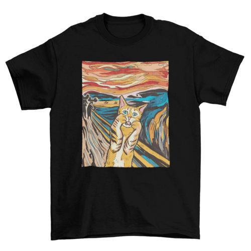 Turquoise Theseus The Scream parody cat t-shirt featuring a colorful graphic of a cat and abstract art style.