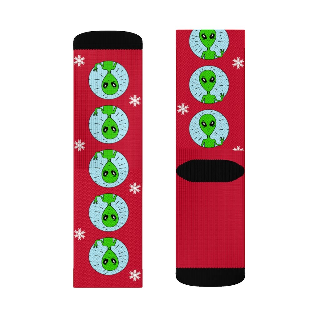 Yellow Pandora Holiday Weird Alien Socks featuring colorful alien designs on soft, comfortable socks for festive wear.