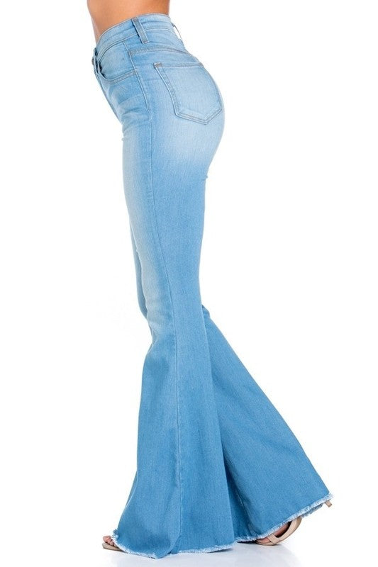 Light wash Jade Icarus Logan Bell Bottom Jean in automotive style with 30-inch inseam, showcasing fit and fabric detail.