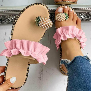 Silver Juneberry pineapple pearl beach slides for women, flat toe casual sandals with a tropical pineapple design.