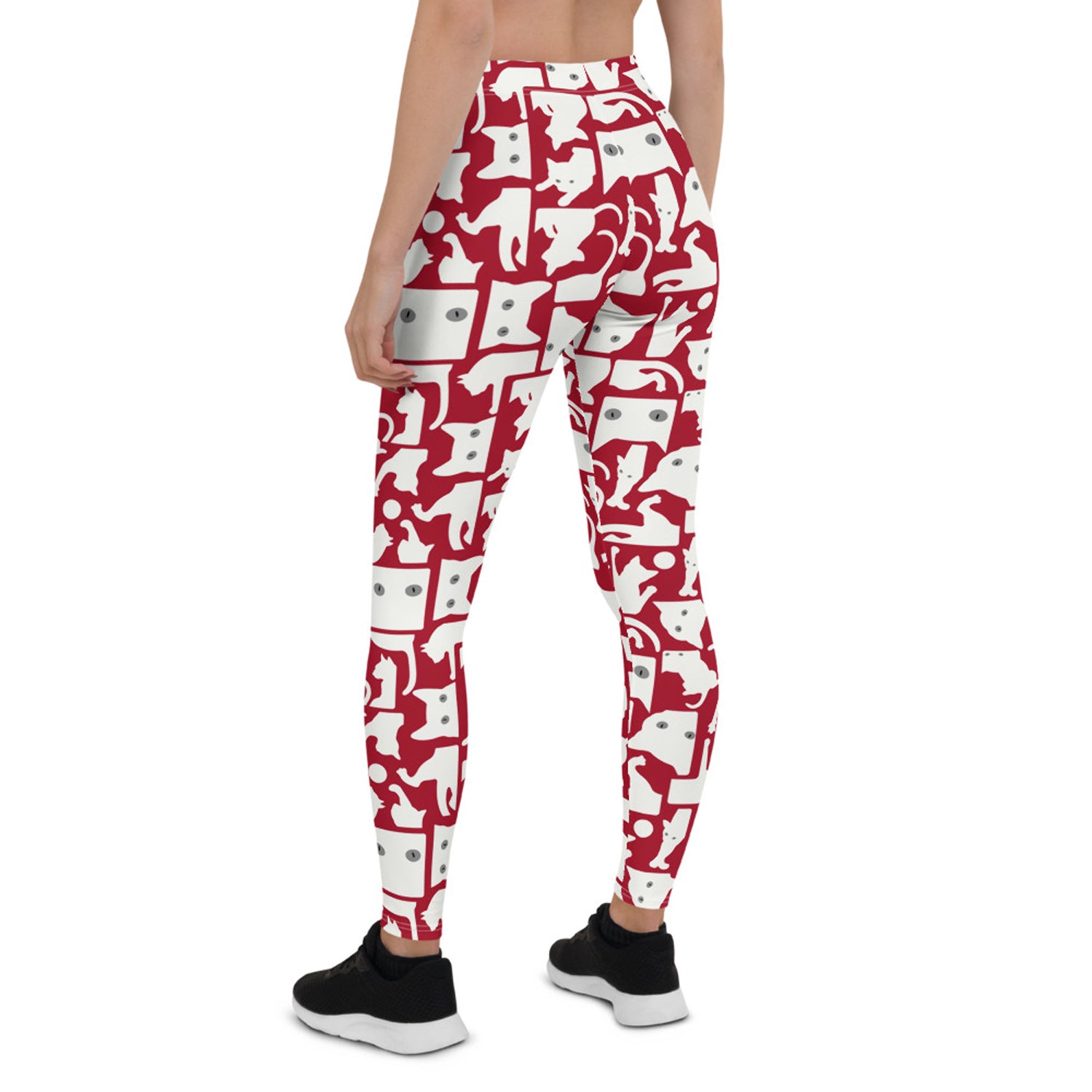 Women’s white cat silhouette on red leggings by Maroon Sooty, featuring a playful feline design on stretchy, fitted leggings.
