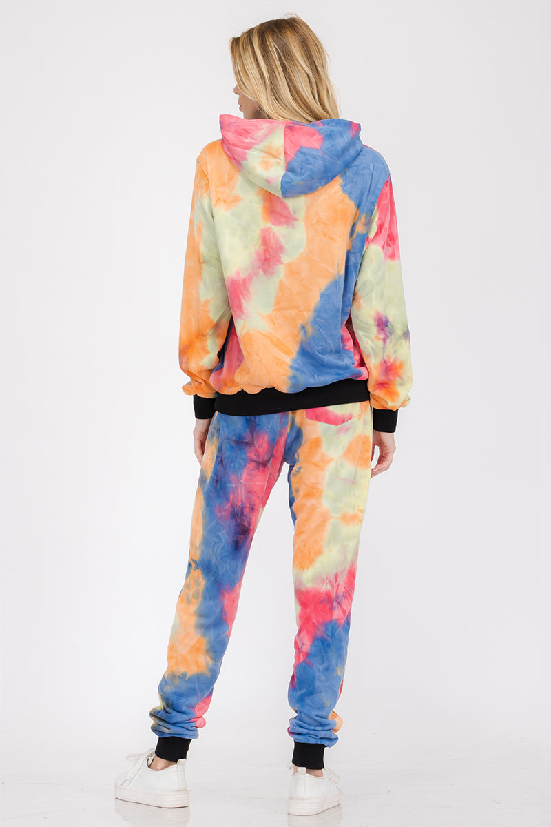 Womenâs cotton tie-dye lounge wear sweat set by Lime Milo, featuring a comfortable matching top and pants in vibrant tie-dye pattern.