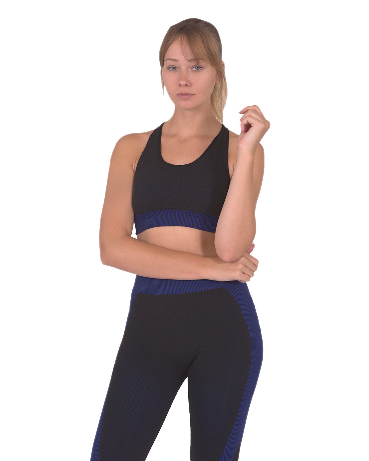 Lazurite Trois seamless black and navy sports bra for activewear, featuring a comfortable, fitted design suitable for workouts.