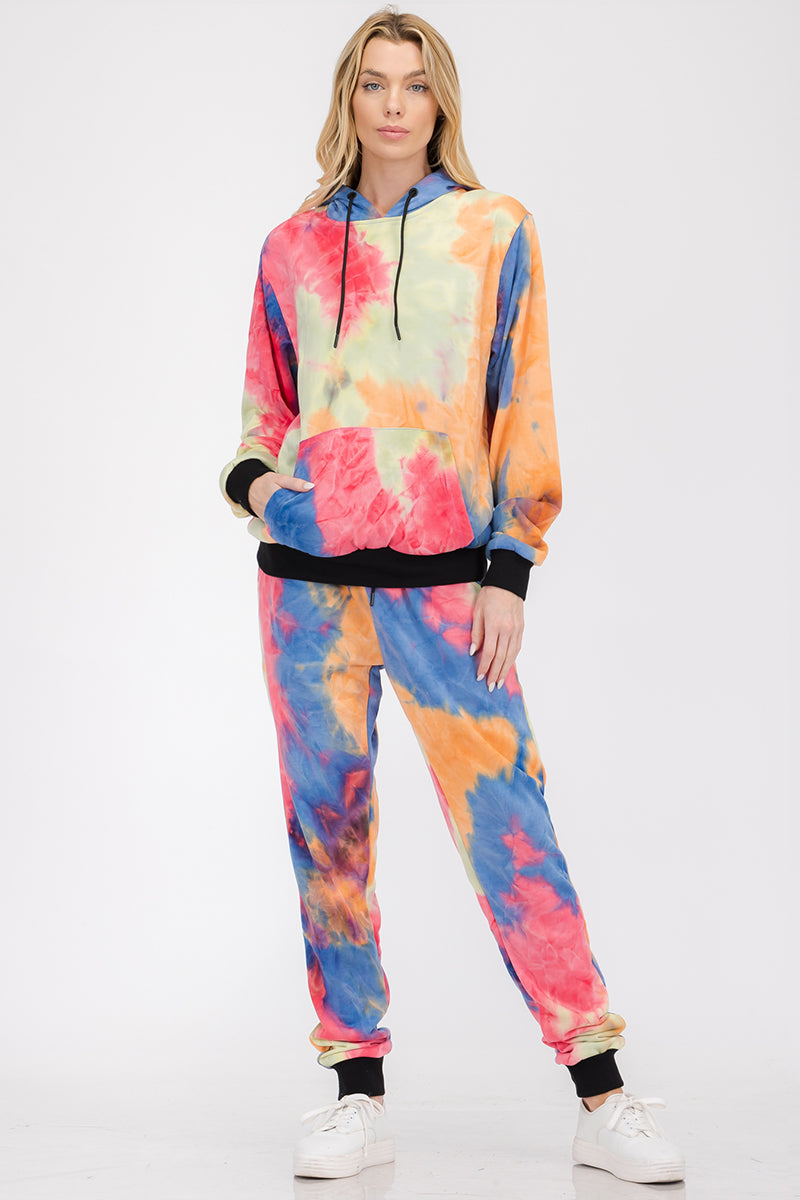 Womenâs cotton tie-dye lounge wear sweat set by Lime Milo, featuring a comfortable matching top and pants in vibrant colors.