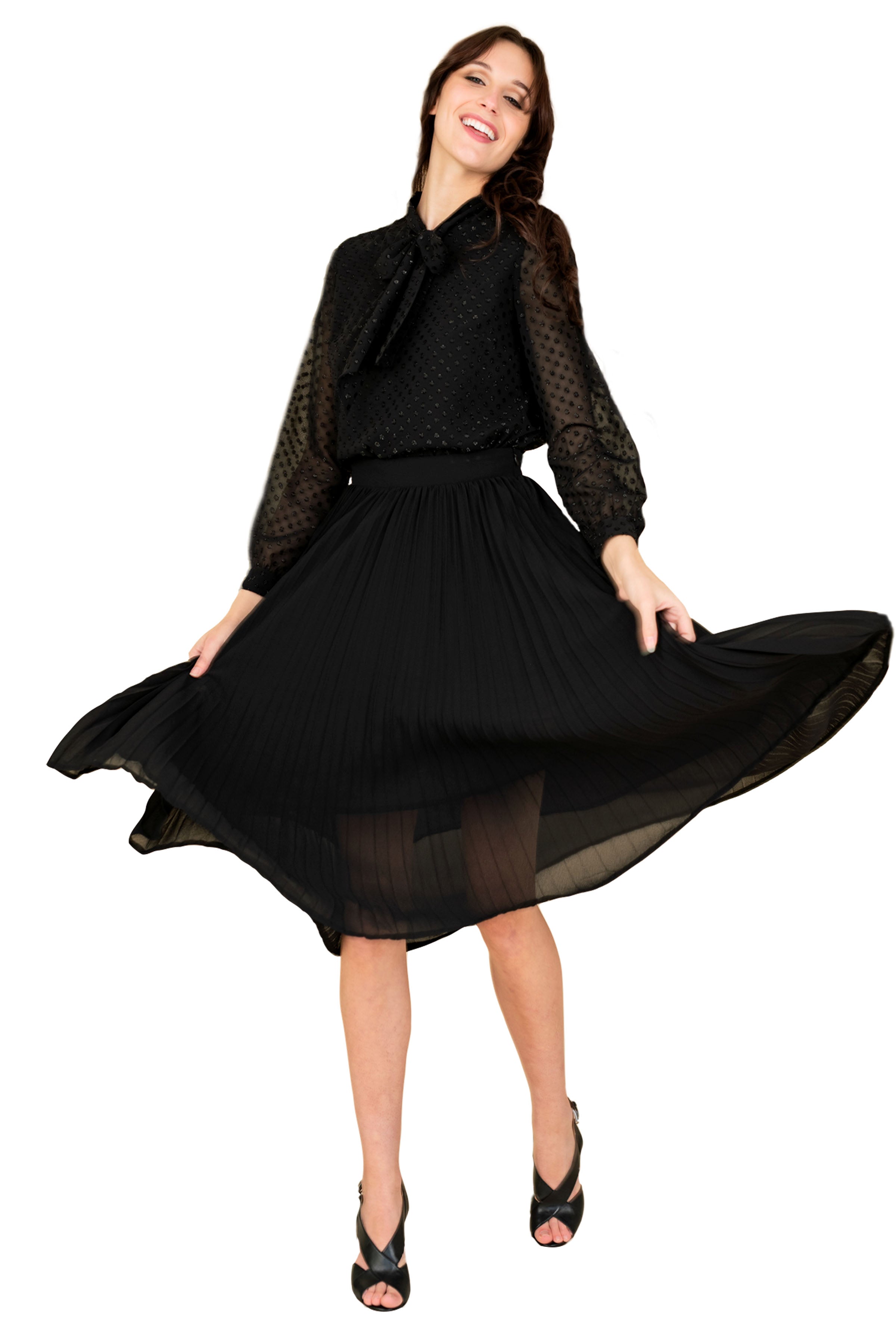 Gray Eos crushed chiffon skirt with flowing, lightweight fabric and ruffled texture, styled for a fashionable look.