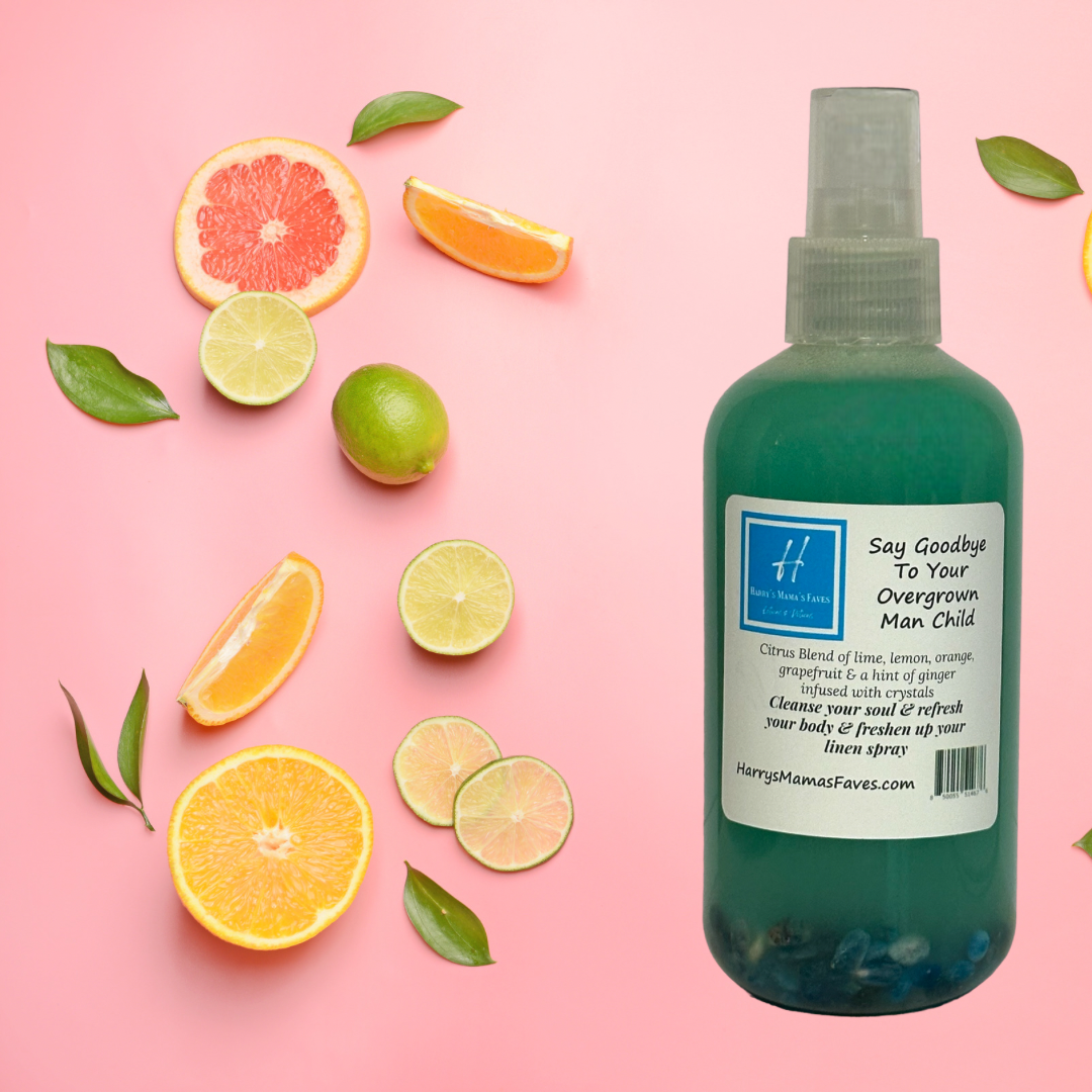 Maroon Blackhaw Body & Linen Spray infused with quartz crystals, featuring a sleek bottle with a soft, natural-colored spray nozzle.