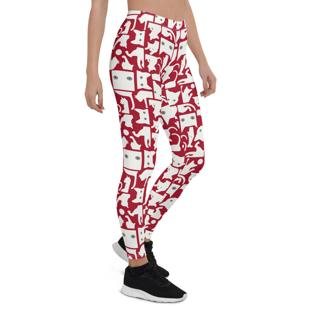 Women’s white cat silhouette on red Maroon Sooty leggings, showcasing a stylish feline design on fitted leggings.