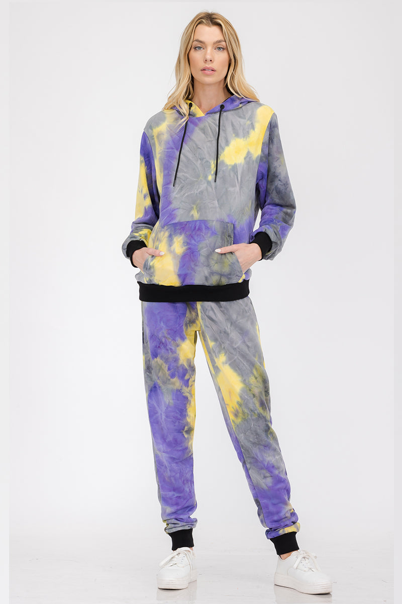 Womenâs cotton tie-dye lounge wear sweat set by Lime Milo, featuring a relaxed fit and vibrant colorful patterns.