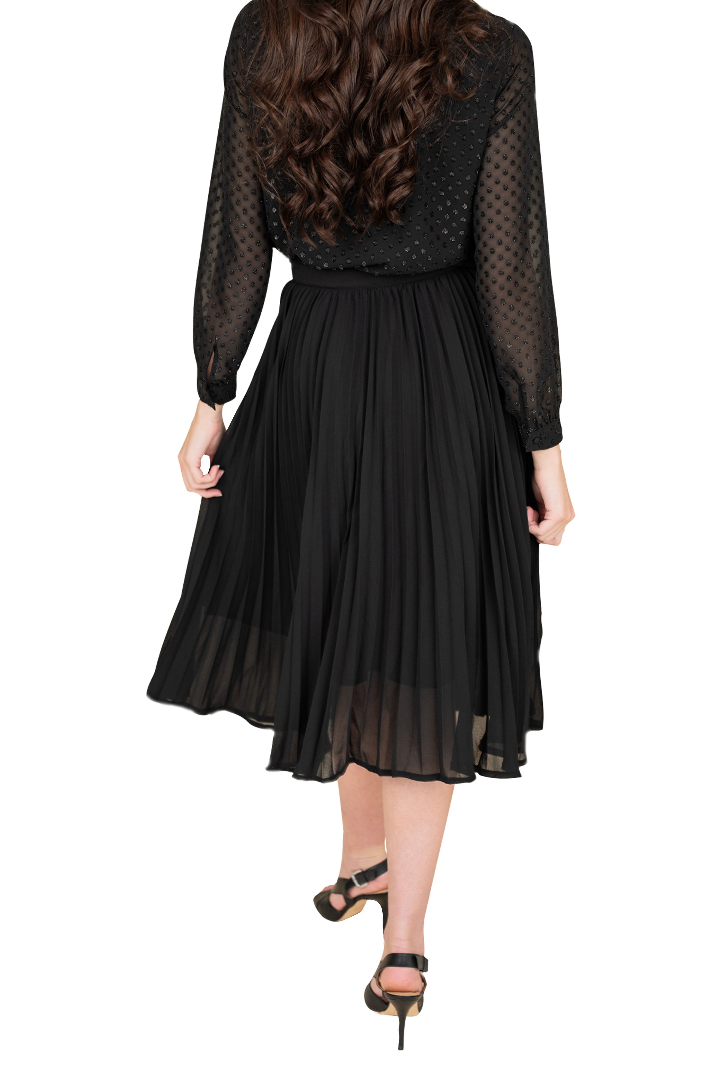 Gray Eos crushed chiffon skirt with flowing, lightweight fabric and gathered waist, displayed on a model.