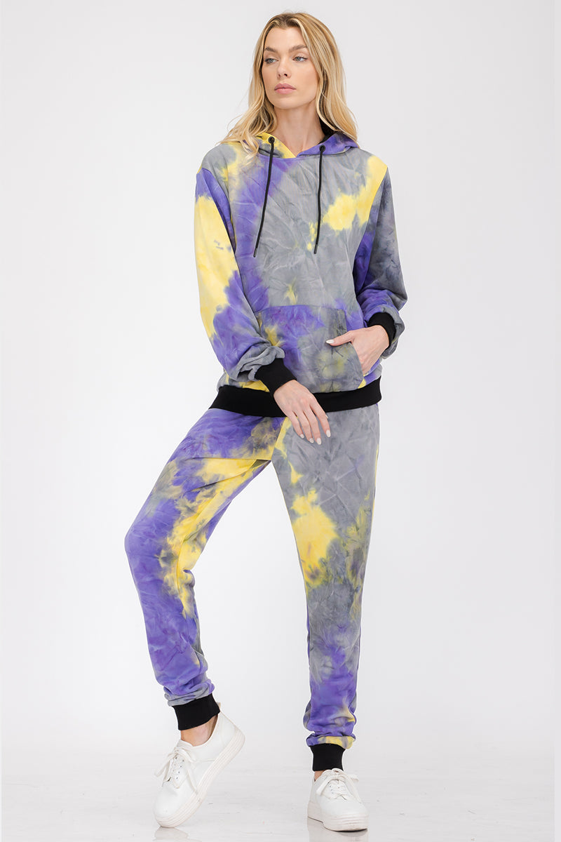 Womenâs cotton tie-dye lounge wear sweat set by Lime Milo, featuring a comfortable matching top and bottom in vibrant tie-dye pattern.