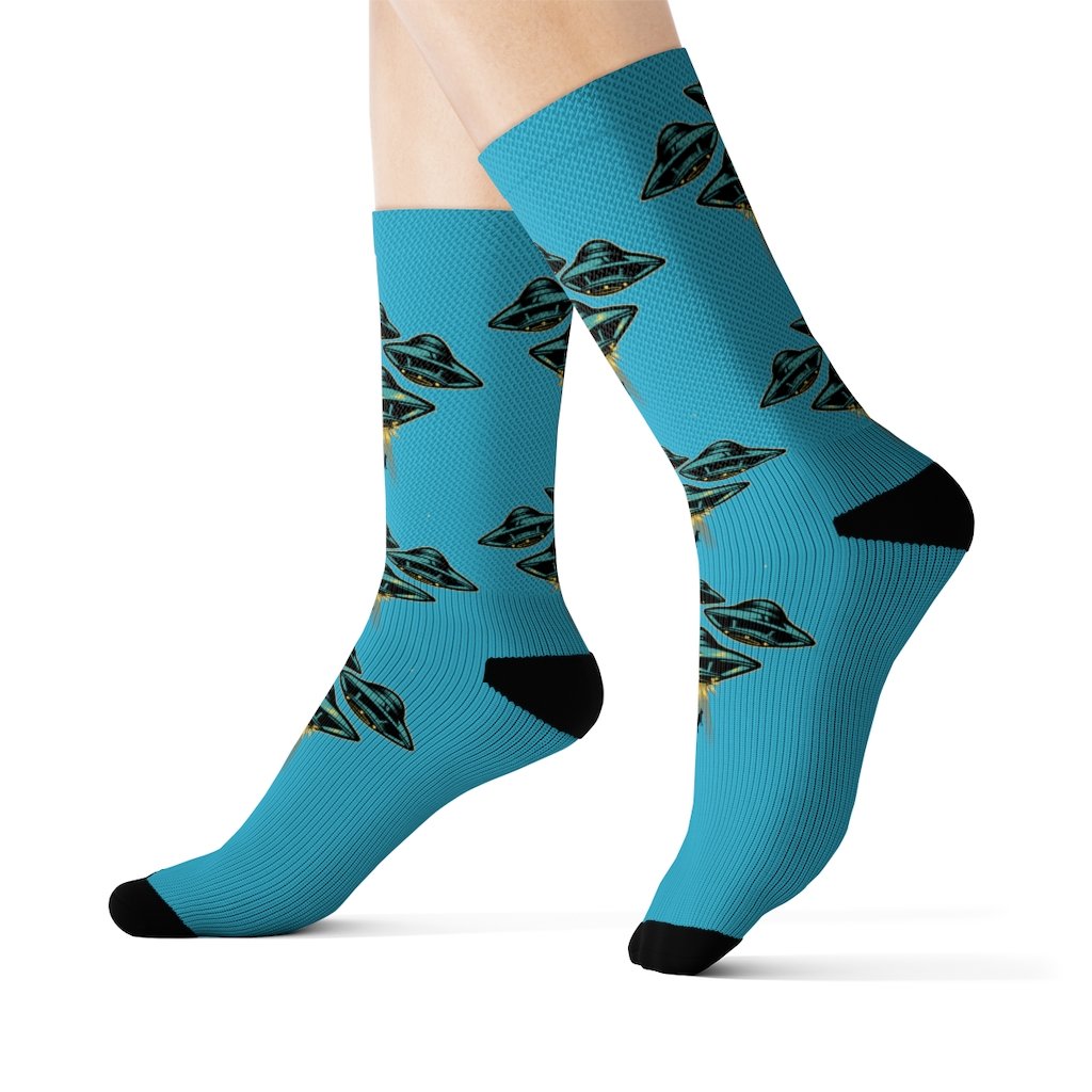 Yellow Pandora UFO Area 51 Socks featuring alien and spaceship designs, comfortable crew-length socks for casual wear