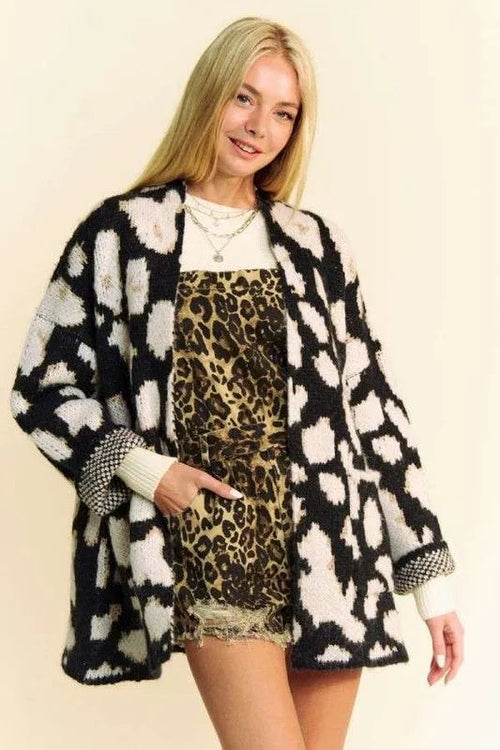 Davi & Dani leopard open front long sleeve cardigan from Pear Daisy, featuring a stylish animal print and cozy knit fabric.