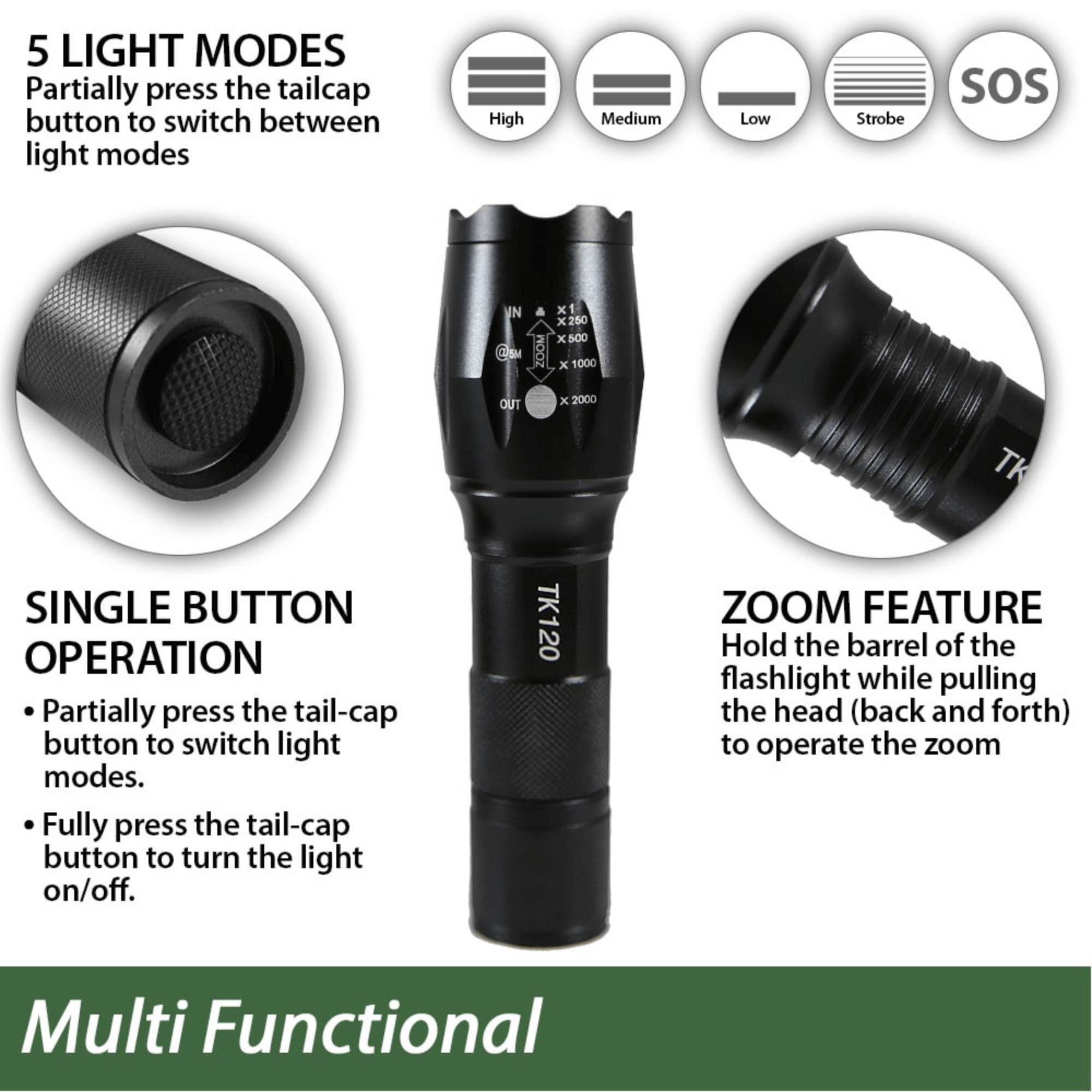 Black Lavender EcoGear FX TK120 LED tactical flashlights with strobe mode, designed for camping, shown in a 2-pack.
