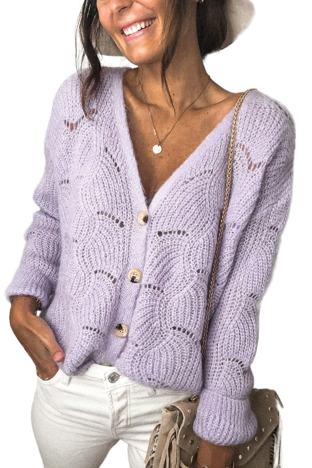 Khaki V Shaped Neckline Buttoned Knit Sweater