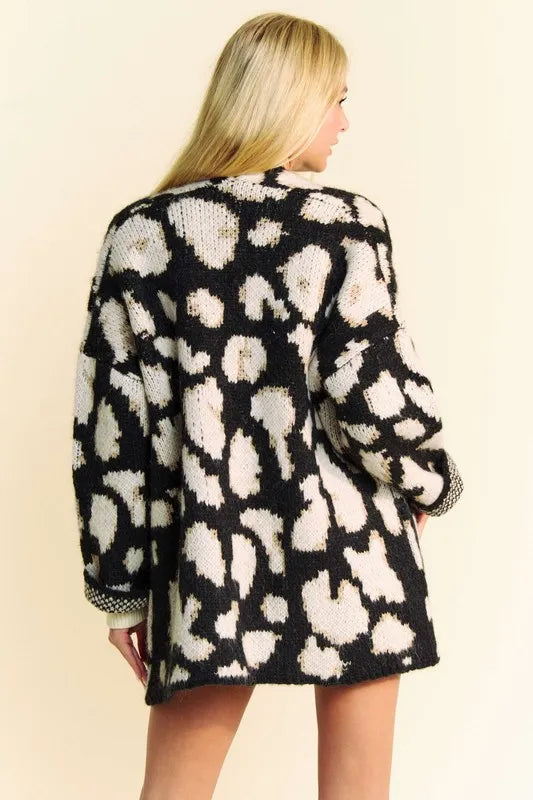 Davi & Dani leopard open front long sleeve cardigan in soft fabric, styled for home or casual wear by Pear Daisy.