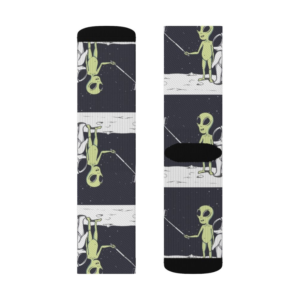 Yellow Pandora Funny Alien Selfie Socks featuring colorful alien illustrations on comfortable sock material.