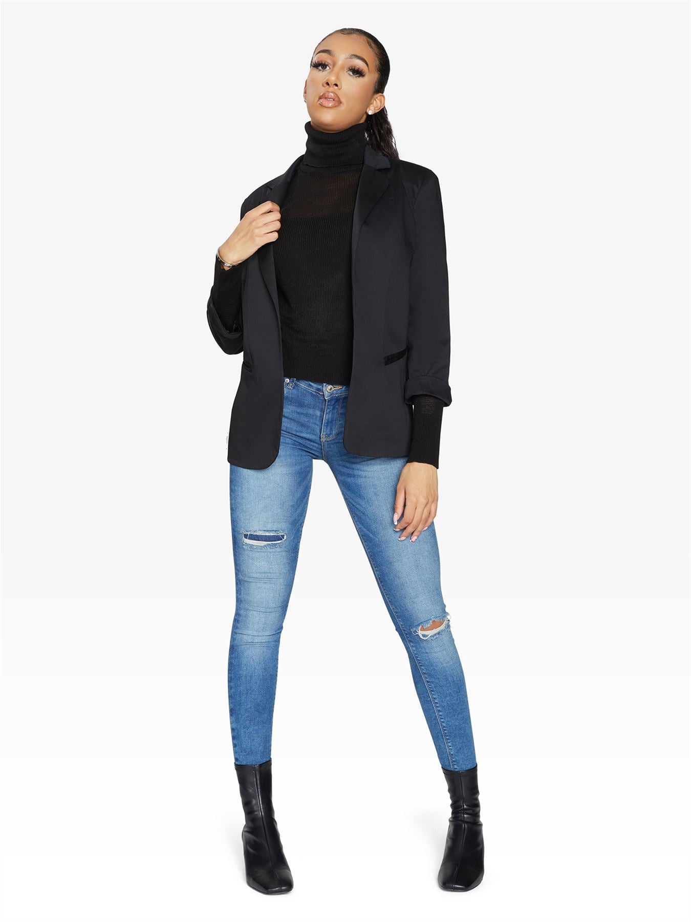 Rose Eleusis Edge To Edge Blazer, stylish tailored jacket with clean lines, worn open on a model&