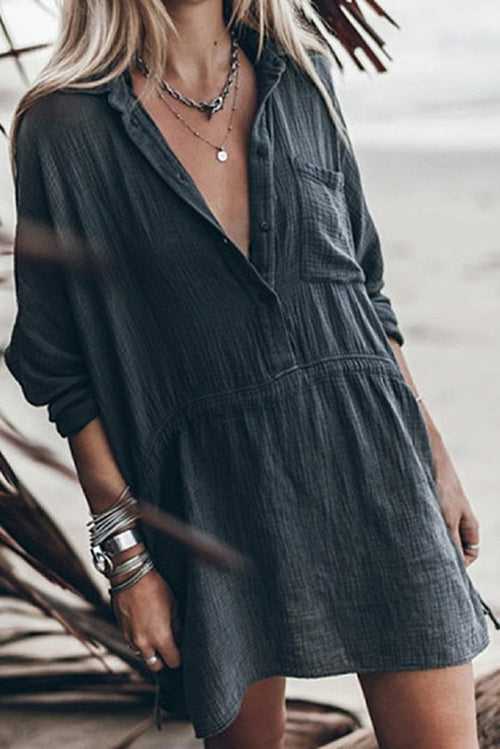 Half Button Pocketed Linen Casual Mini Dress