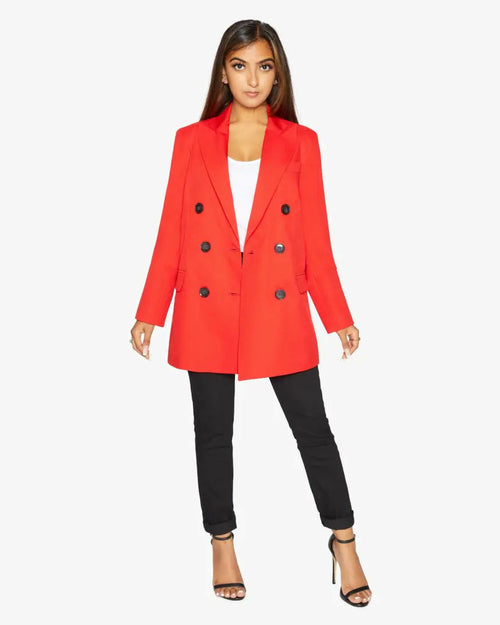 Red Jenna double-breasted blazer by Rose Eleusis, tailored fit, with lapel collar and button details, styled as a jacket coat.
