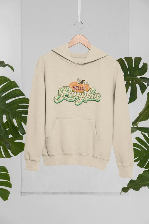 Hello Pumpkin hoodie by Jade Thalassa, tropical-themed pullover hoodie with a hanging pumpkin design on a mockup background.