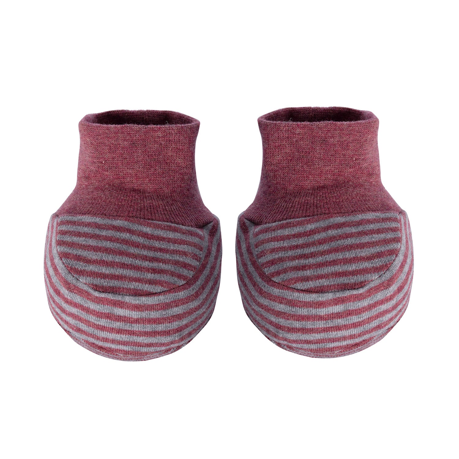 OrganicEra organic baby booties in Bordeaux stripe, made from Taupe Bamboo, designed for kids and babies.