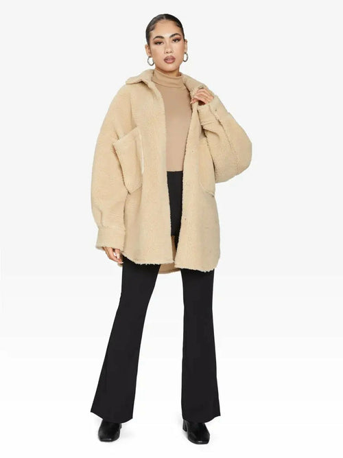 Beige oversized patch pocket Borg teddy shacket by Rose Eleusis, cozy and stylish for jackets and coats collection.