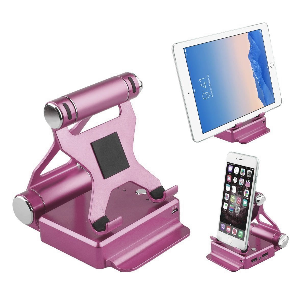 Pink podium-style stand with extended battery up to 200% for iPad and iPhone by Salmon Lucky, showcasing a sleek tech accessory.