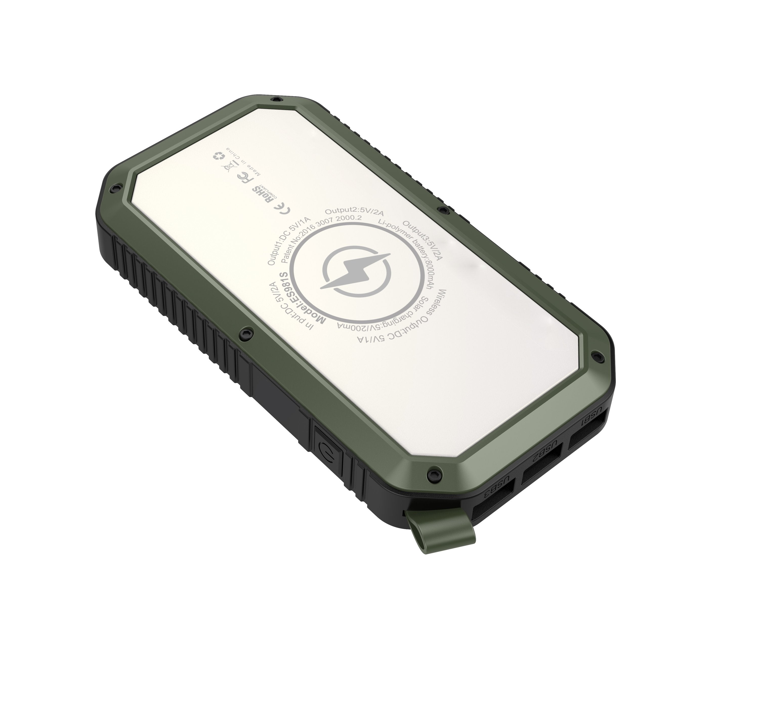 Salmon Lucky Sun Chaser Mini solar-powered wireless phone charger with 10,000mAh capacity, compact tech accessory for portable charging.