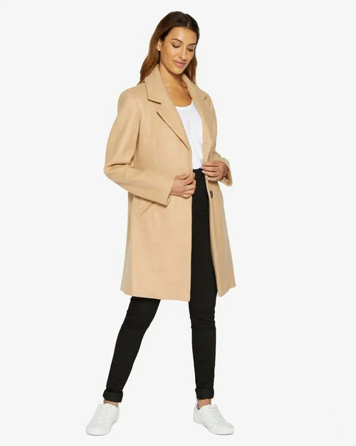 Rose Eleusis Sara Covert Button Up Coat in camel, stylish jacket with button details, perfect for layered winter fashion.