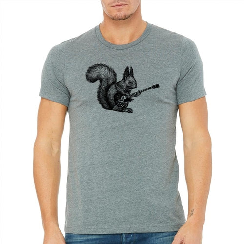 Heather gray T-shirt featuring a squirrel playing guitar graphic, designed by Indigo Tiger.