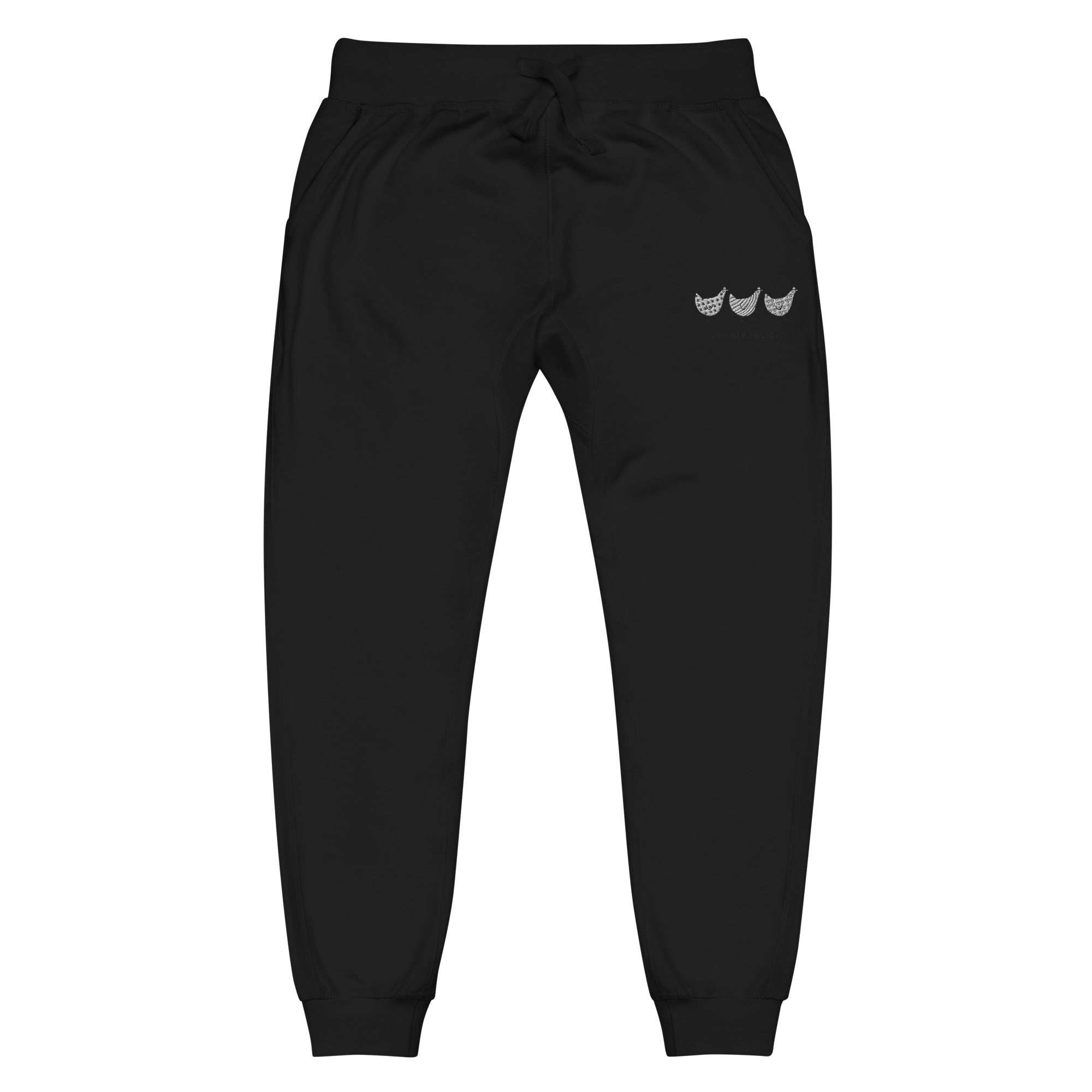 Yellow Eleusis Jacki Easlick Three Chickens unisex fleece sweatpants in black, front view showing cozy, casual fit and stylish design.