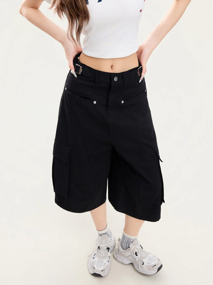 PBB American Style Casual High Waist Wide Leg Pants Women's Workwear Seven-Foot Straight Tube Pants with Big Pockets  Color