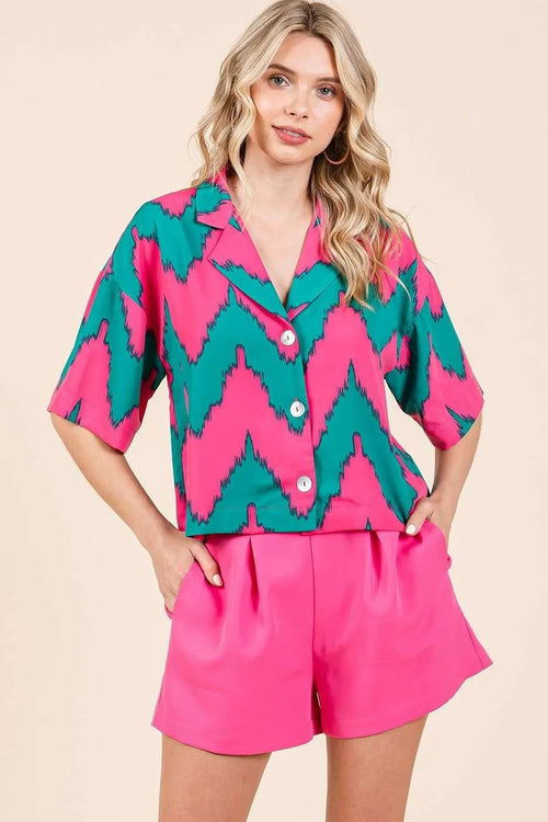 Mittoshop Chevron Print Short Sleeve Crop Shirt