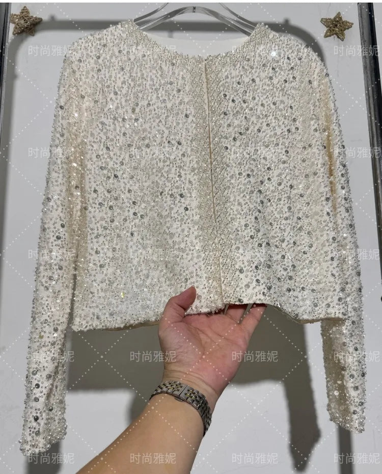 Fashion Heavy Sequin Beaded Cardigan Jacket for Women Slim Fit Bodycon Mid-Length Skirt Trendy Long Sleeve Coat