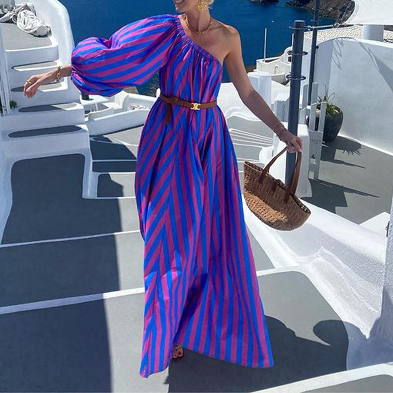 Fashion Personalized Oblique Shoulder Boho Striped Women's Mid-length