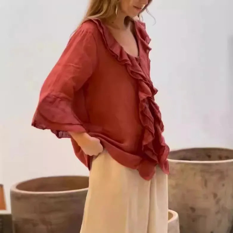 Autumn Women's Clothing Solid Color V Neck Ruffle Trim Button Front Loose Fit Long Sleeve Top For Woman Polyester Casual Blouse