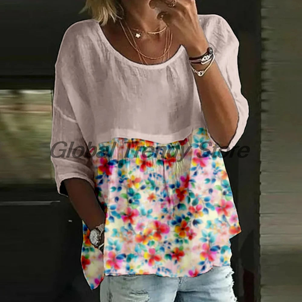 Women's Casual Floral Print 3/4 Sleeve Blouse Loose Fit Crew Neck Tunic Tops Lady's Top Shirts