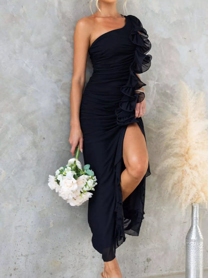 Stylish One-Shoulder Ruffle : Slit Dress