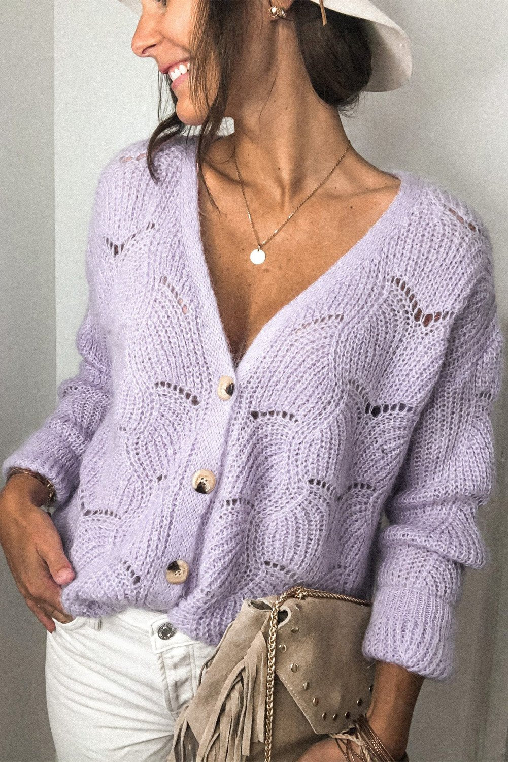 Khaki V Shaped Neckline Buttoned Knit Sweater