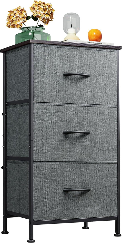 Dark Grey Dresser With 3 Drawers, Steel Frame, Wood Top