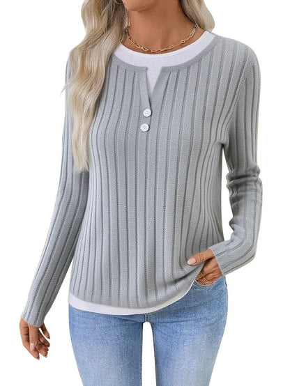 Women' Shirt Longsleeve Round Neck Women T Shirts Ribbed Burgundy Long Sleeve T Shirt Mock Two Piece Black Knit Top