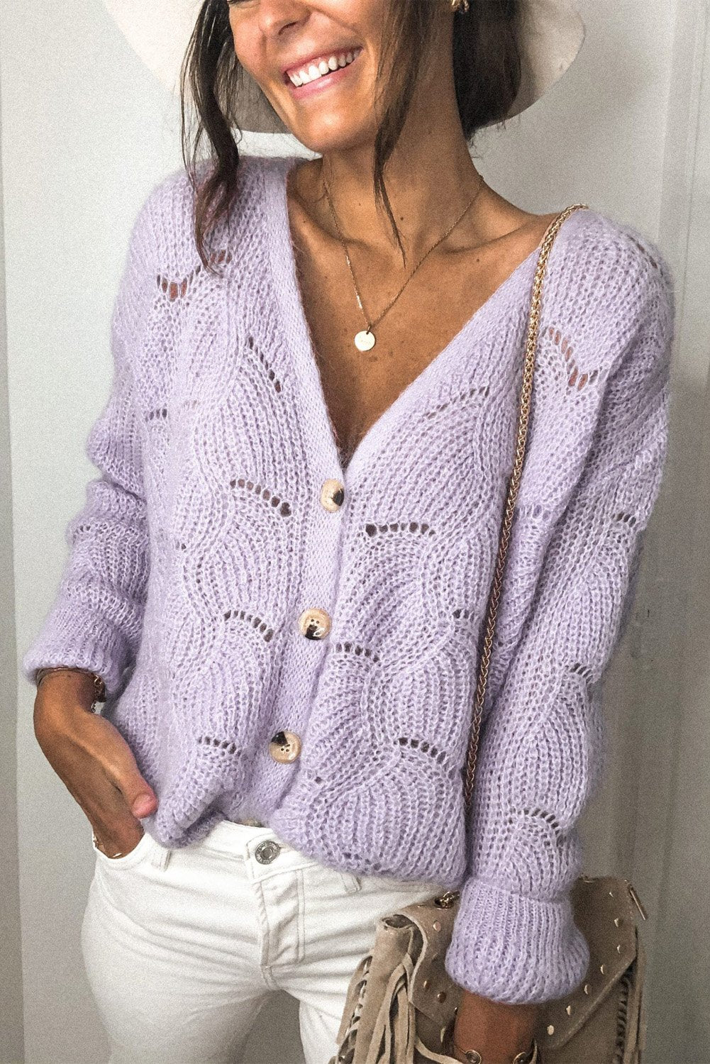 Khaki V Shaped Neckline Buttoned Knit Sweater