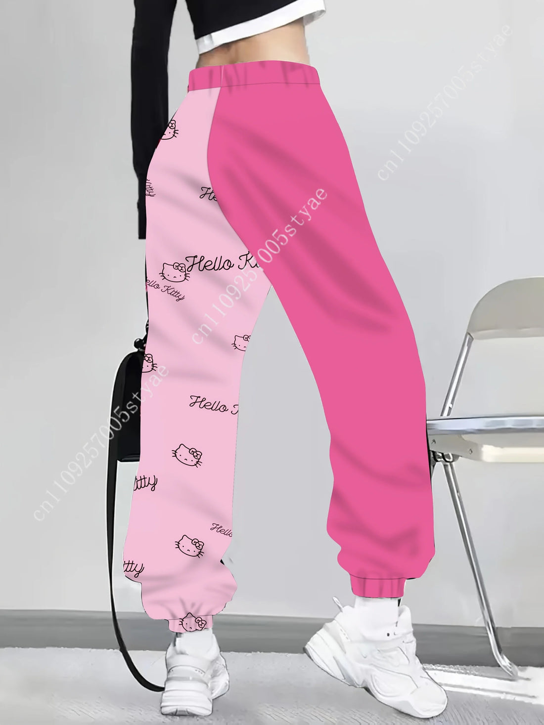 Hot Pink Light Pink Split‑Color Hello Kitty Long Pants Cartoon Polka‑Dot Bow Print Trousers for Lady