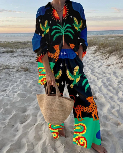 Funny Printed Loose Two Piece Set Women Tropical Beach Holiday Outfits 2024 Casual Lapel Button Shirt Wide Leg Pants Sets