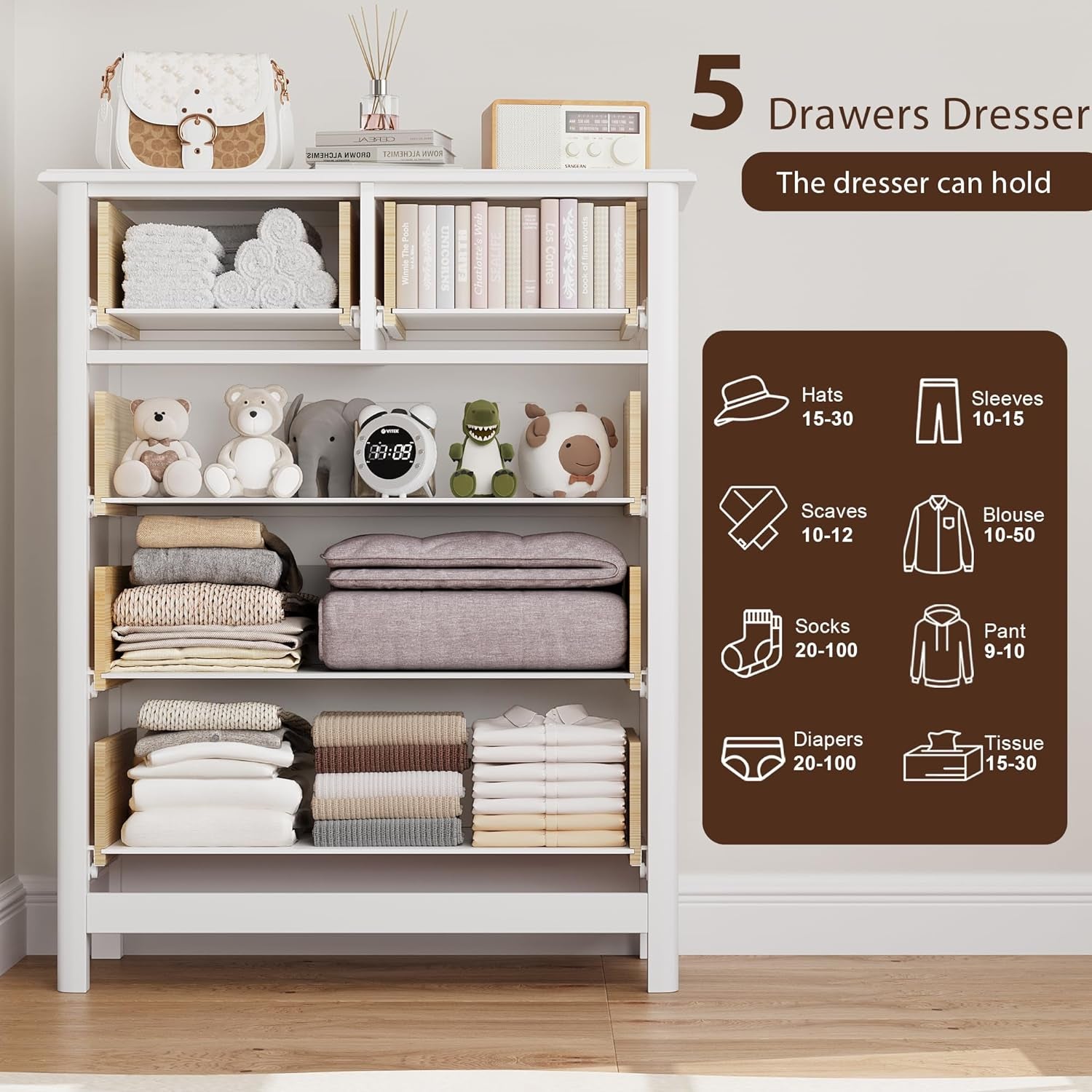 White Five Drawer Dresser For Bedroom Organization