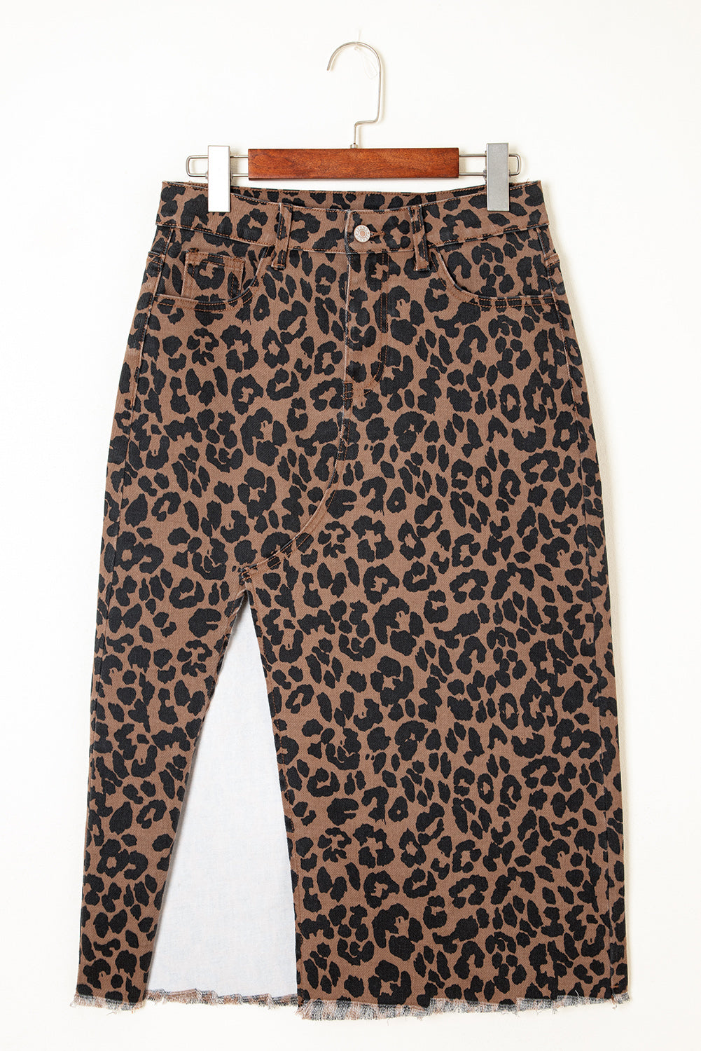 Leopard Denim Frayed Hem Midi Skirt