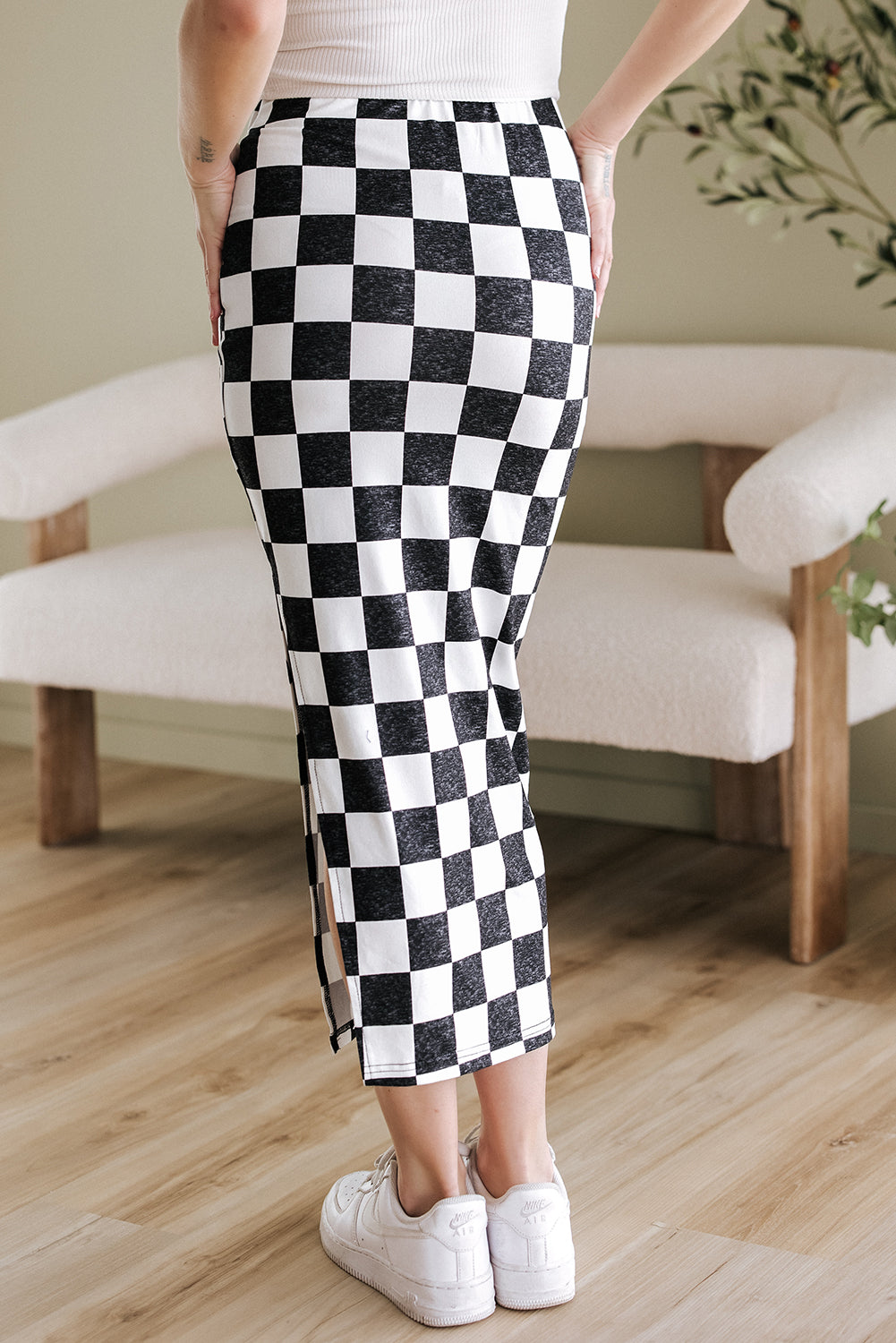 Byzantium Bay checker side slit high waist midi skirt for women, featuring a stylish pattern and elegant design.