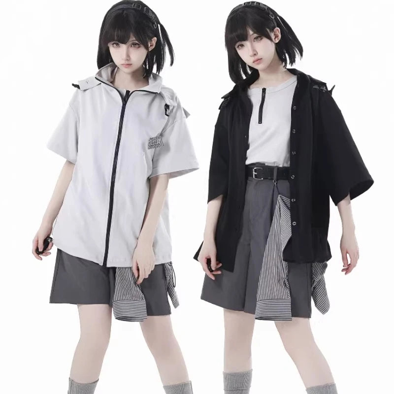 Neutral Design Vest Hooded Jacket Apricot Gray Casual Suit Summer Daily Versatile Casual Hooded Short-sleeved Jacket Shorts Suit