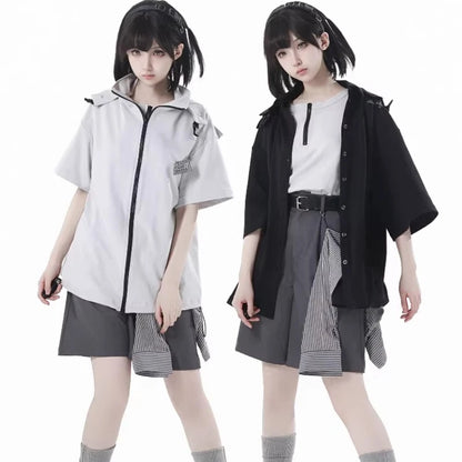 Neutral Design Vest Hooded Jacket Apricot Gray Casual Suit Summer Daily Versatile Casual Hooded Short-sleeved Jacket Shorts Suit